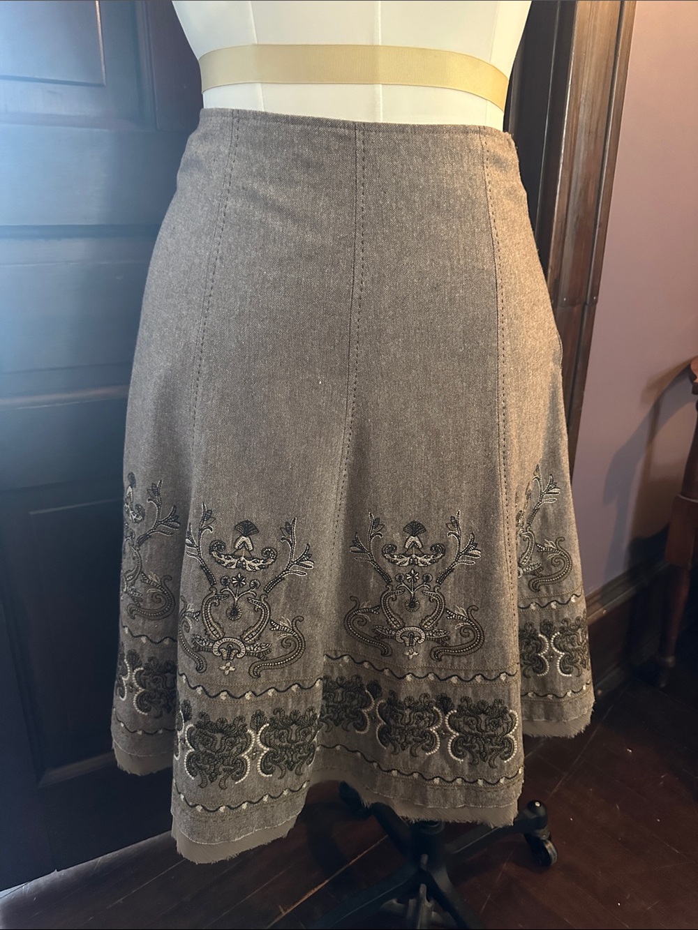 Embroidered Midi A-Line Skirt in Taupe